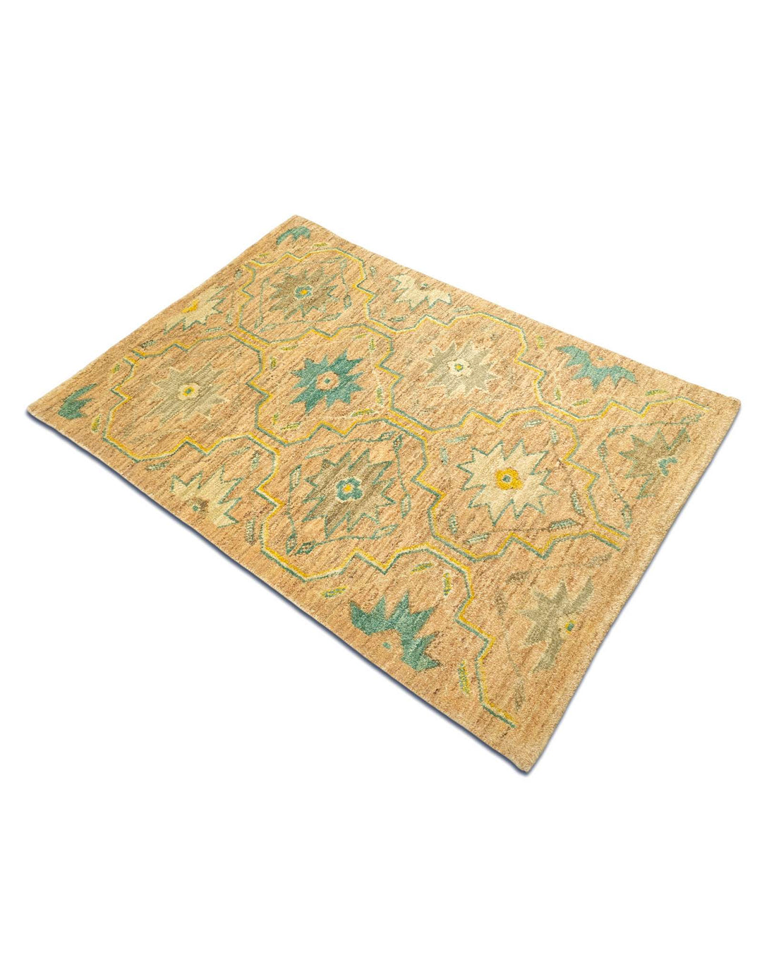 Hand-knotted wool pile of gold green floral Gabbeh rug