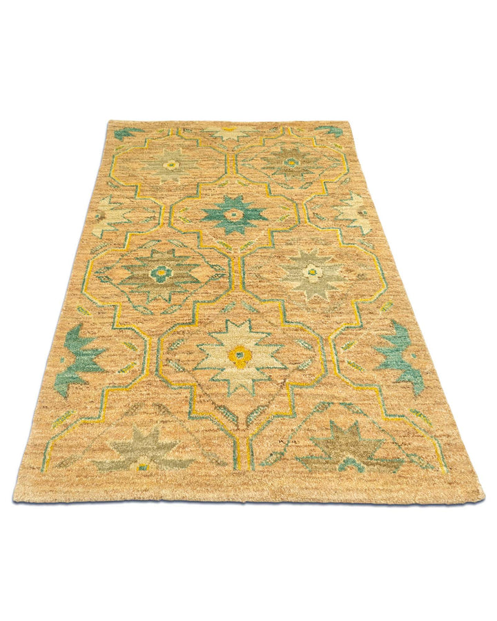 One-of-a-kind gold and green floral Afghan Gabbeh rug