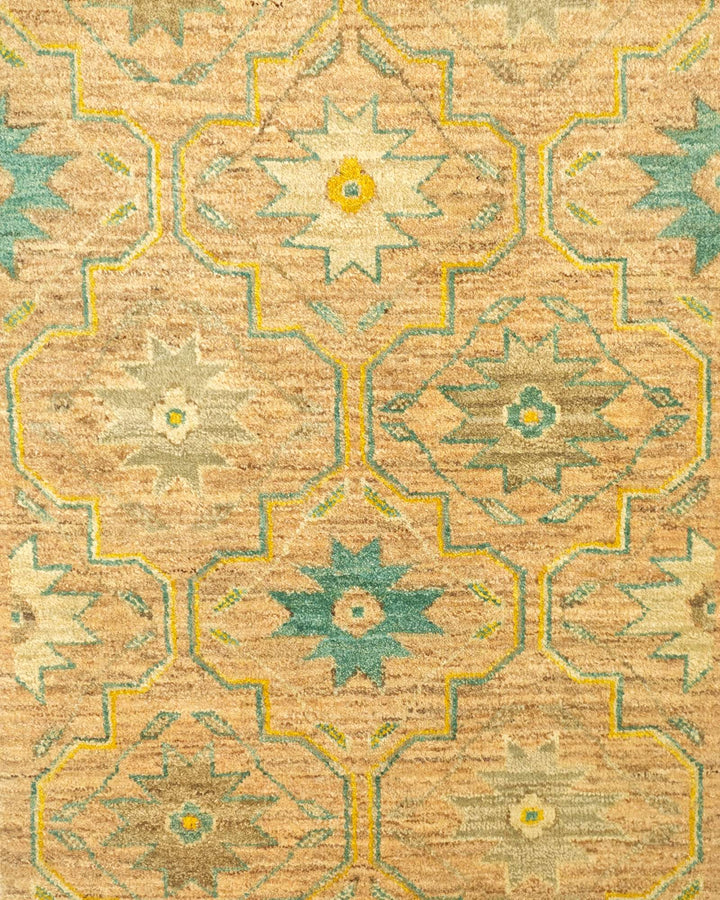 Hand-knotted Afghan Gabbeh rug with gold and green flowers