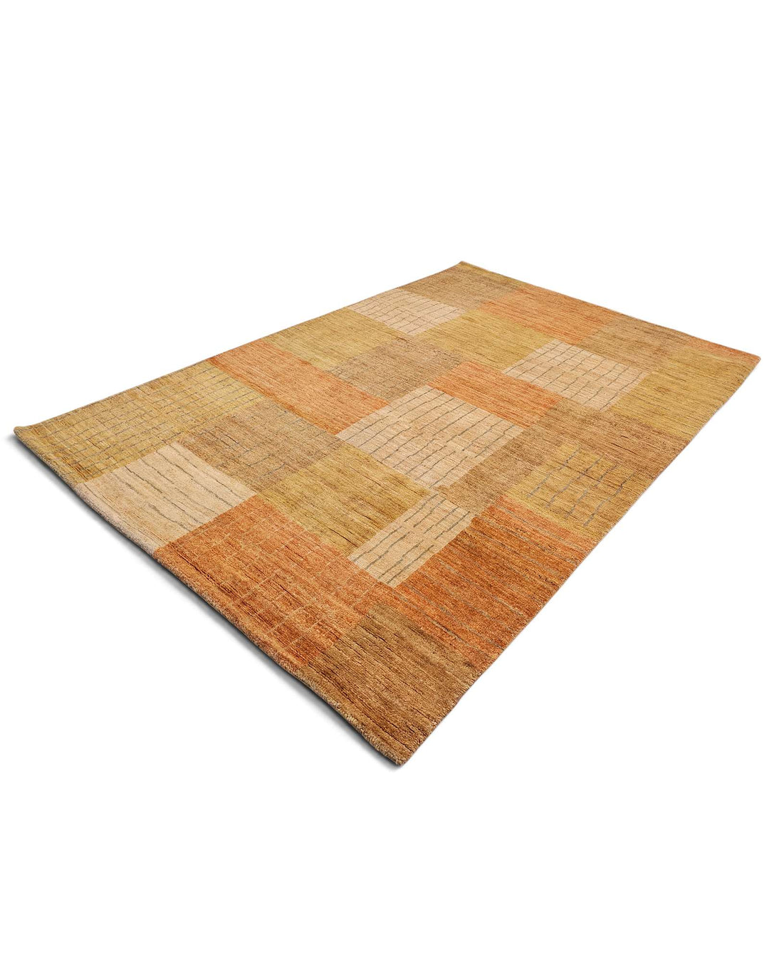 Hand-knotted wool pile of sandstone patchwork Gabbeh rug