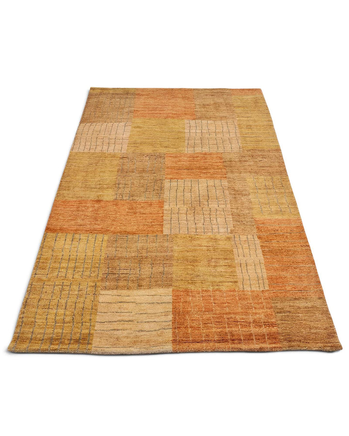 One-of-a-kind sandstone patchwork Afghan Gabbeh rug