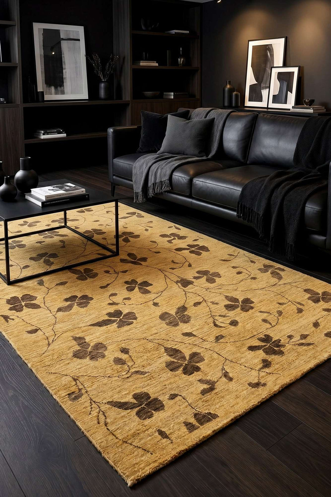 Clover design in honey gold on Afghan Gabbeh wool rug