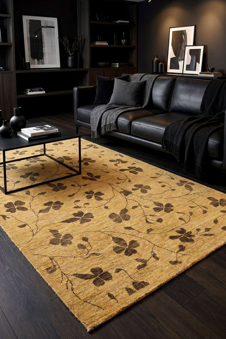 Clover design in honey gold on Afghan Gabbeh wool rug