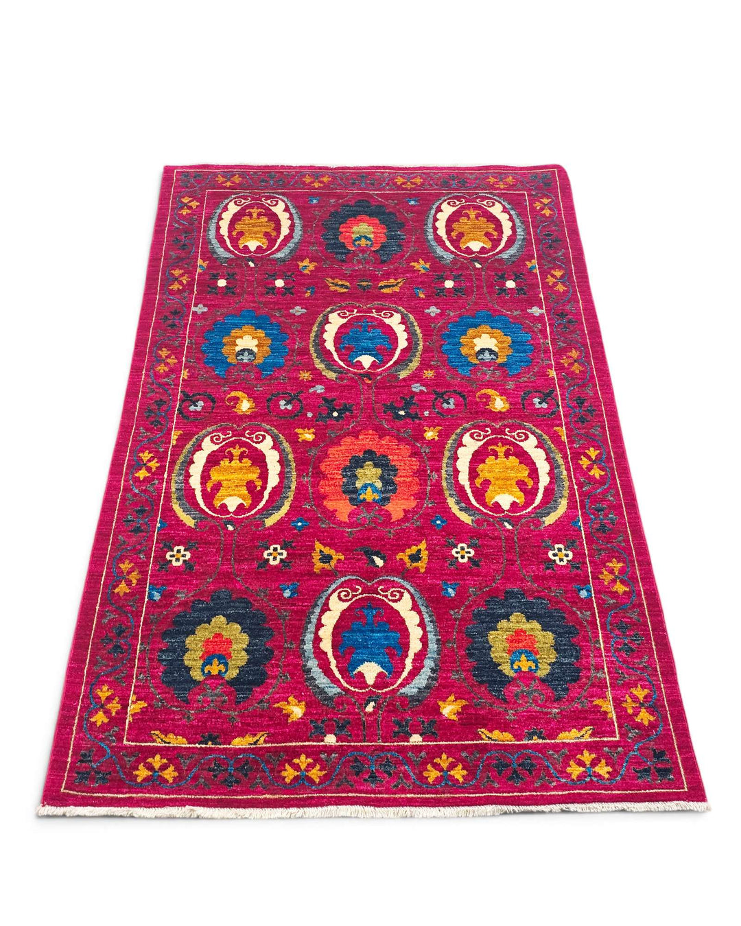 Border detail of magenta suzani hand-knotted Afghan Gabbeh rug