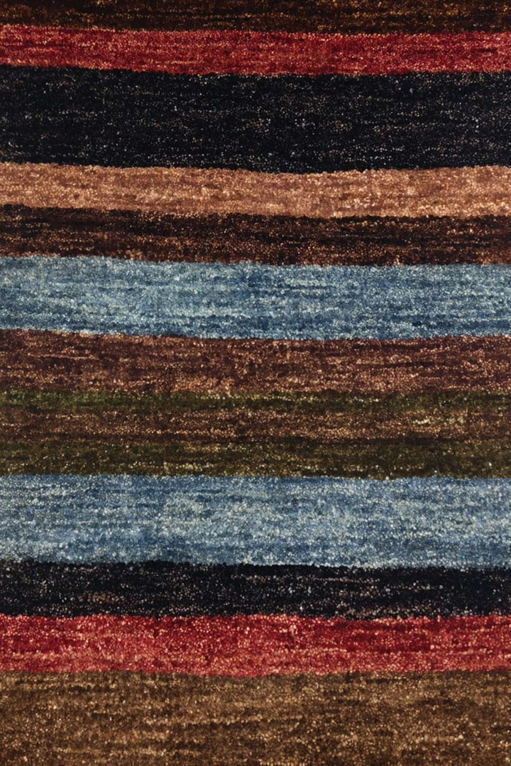 Border detail of multicolour stripe hand-knotted Gabbeh rug