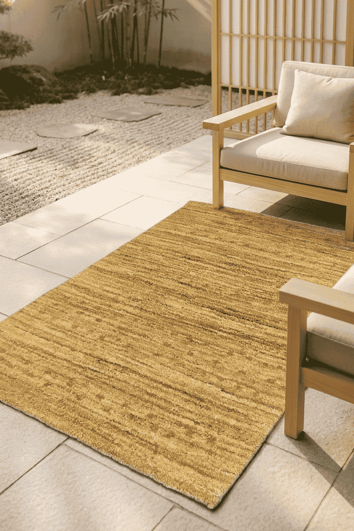 Rust flecks in wheat gold field on Afghan Gabbeh wool rug