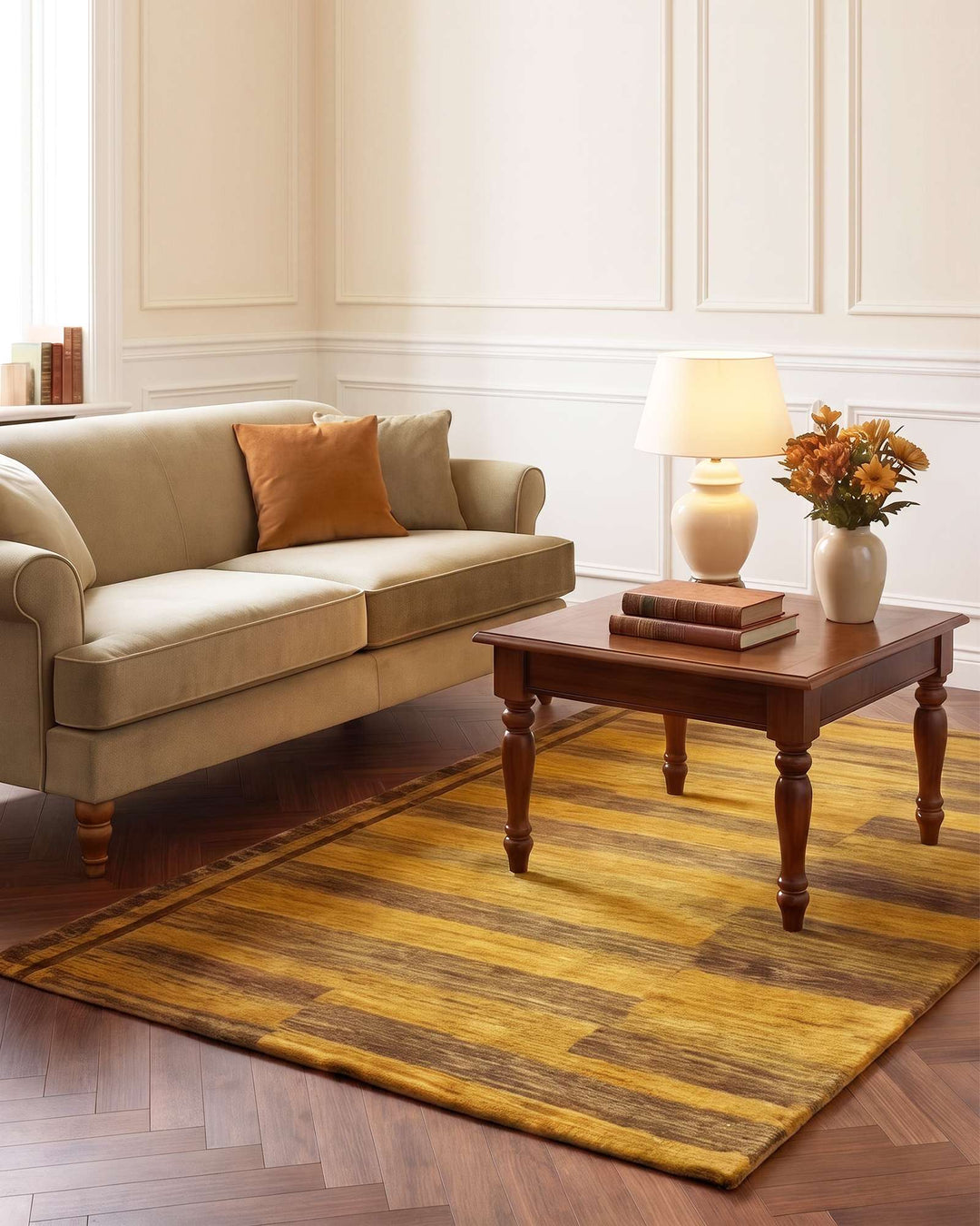 Hand-knotted Afghan Gabbeh rug in warm mustard wool