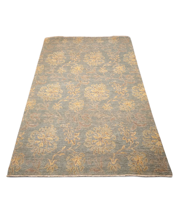 Hand-knotted wool pile of celadon blossom Gabbeh rug