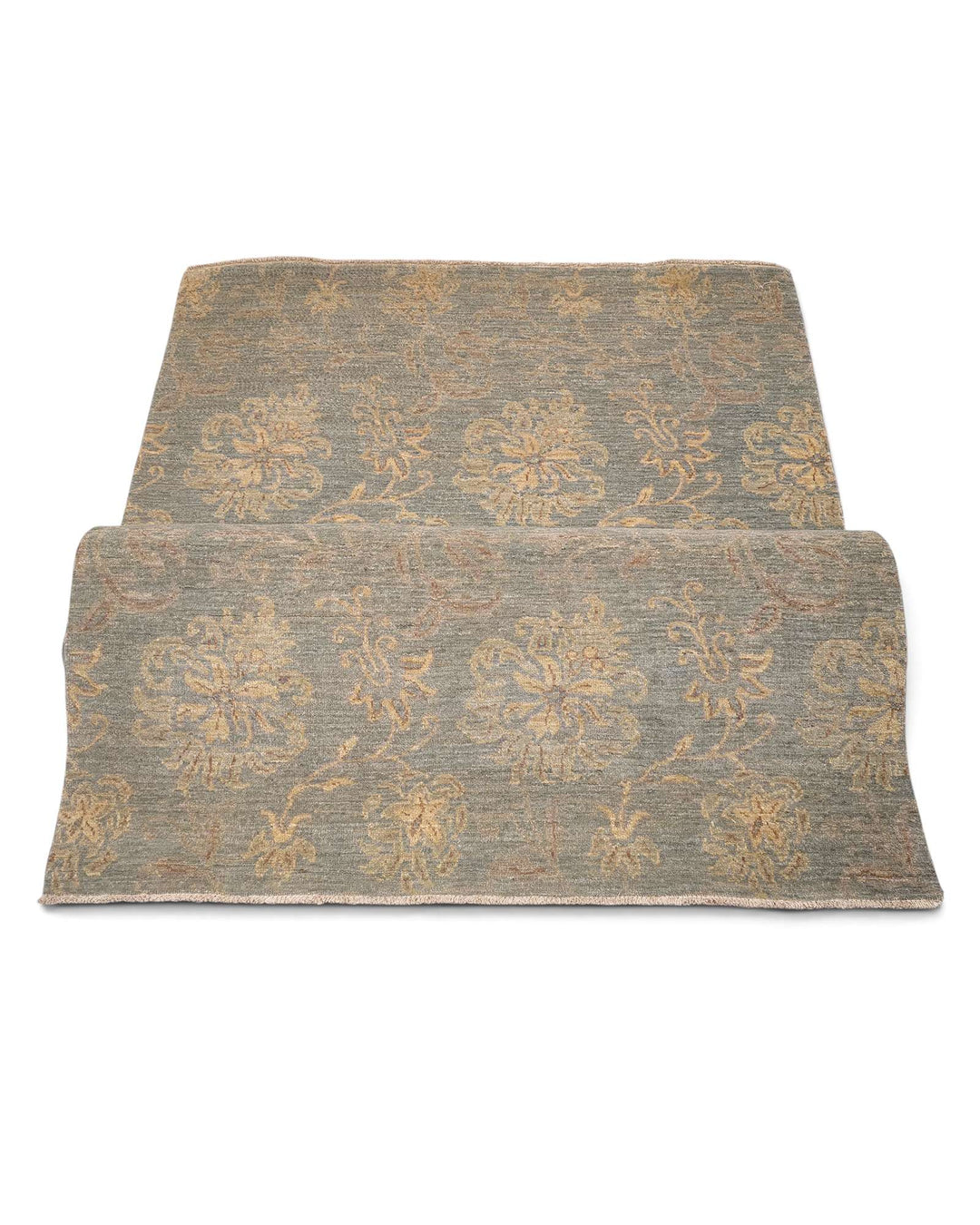 Hand-knotted Afghan Gabbeh rug with celadon blossom motifs