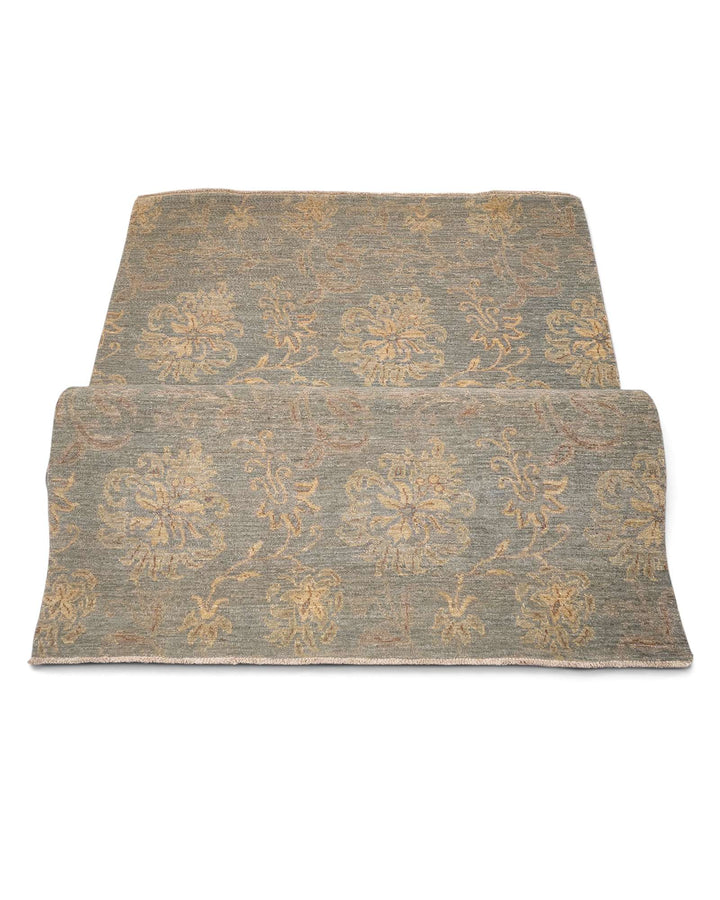 Hand-knotted Afghan Gabbeh rug with celadon blossom motifs