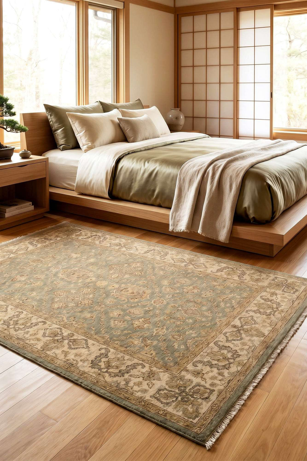 Garden design in sage green on Afghan Gabbeh wool rug