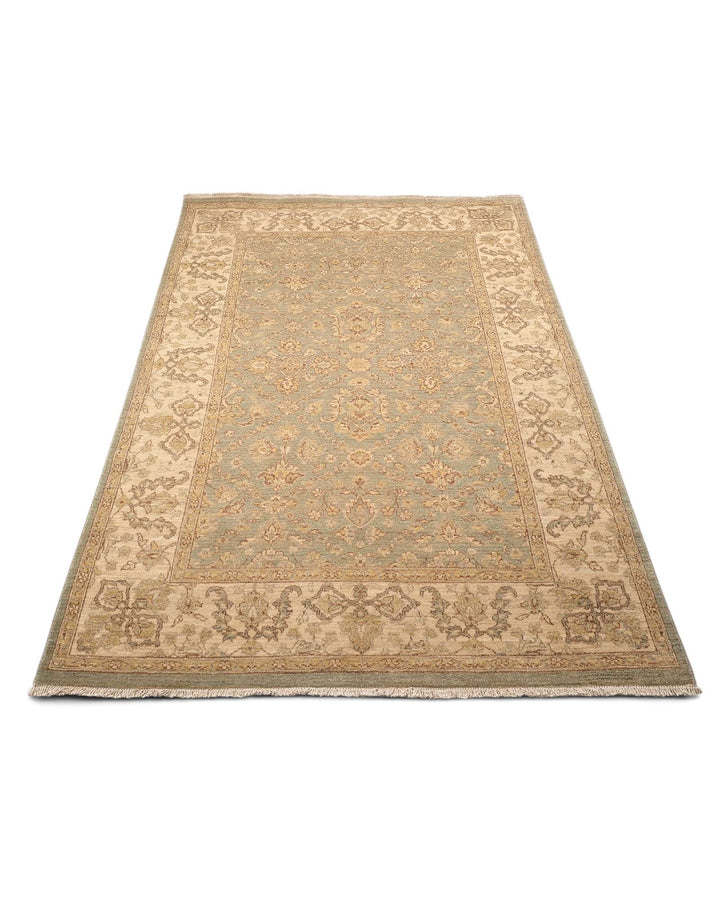 Hand-knotted wool pile of sage garden Gabbeh rug
