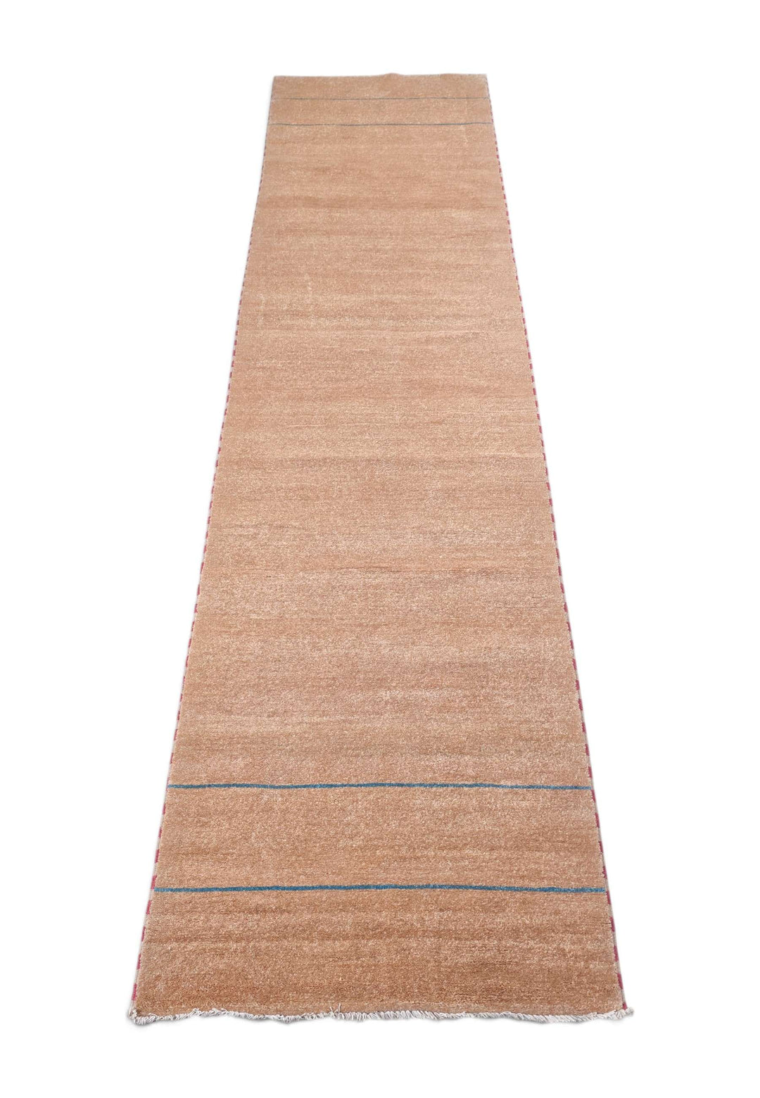 Border detail of sand and slate blue hand-knotted Gabbeh runner