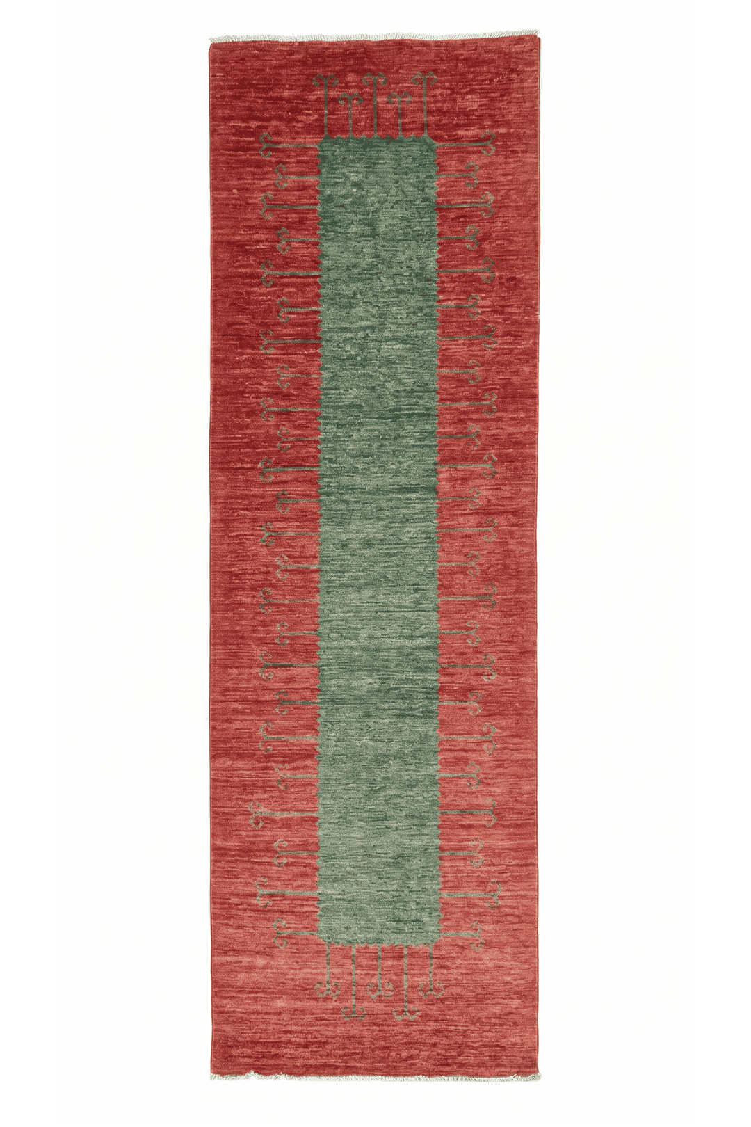 Terracotta red and green panel Gabbeh runner in Ghazni wool, 90×286cm