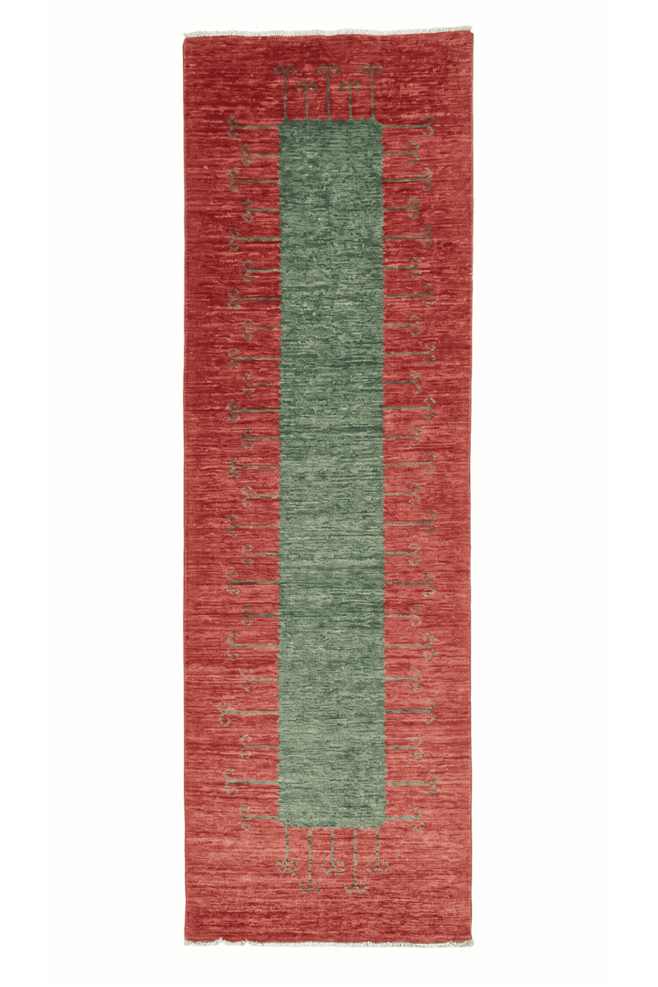 Terracotta red and green panel Gabbeh runner in Ghazni wool, 90×286cm