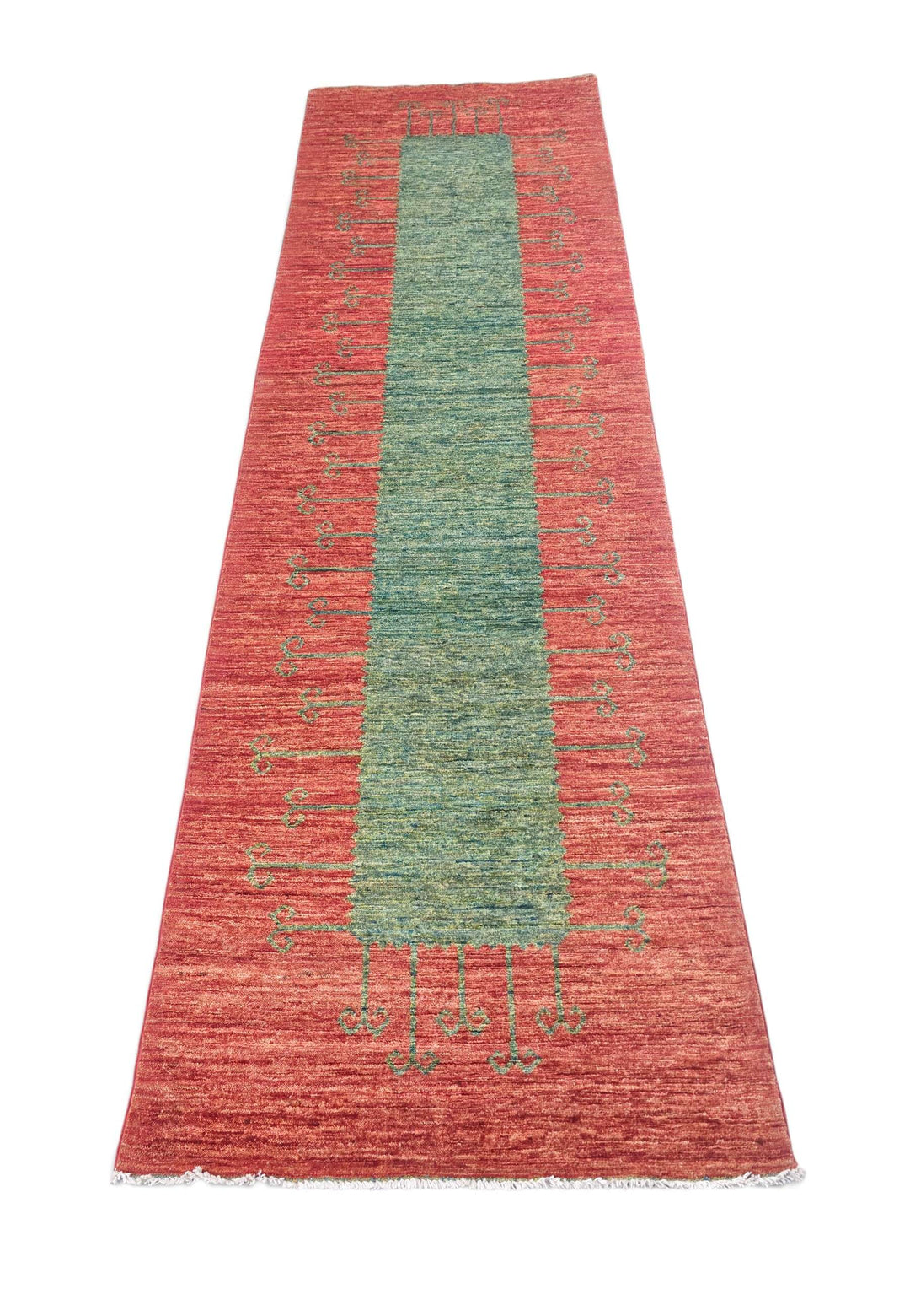 Border detail of terracotta and green hand-knotted Gabbeh runner