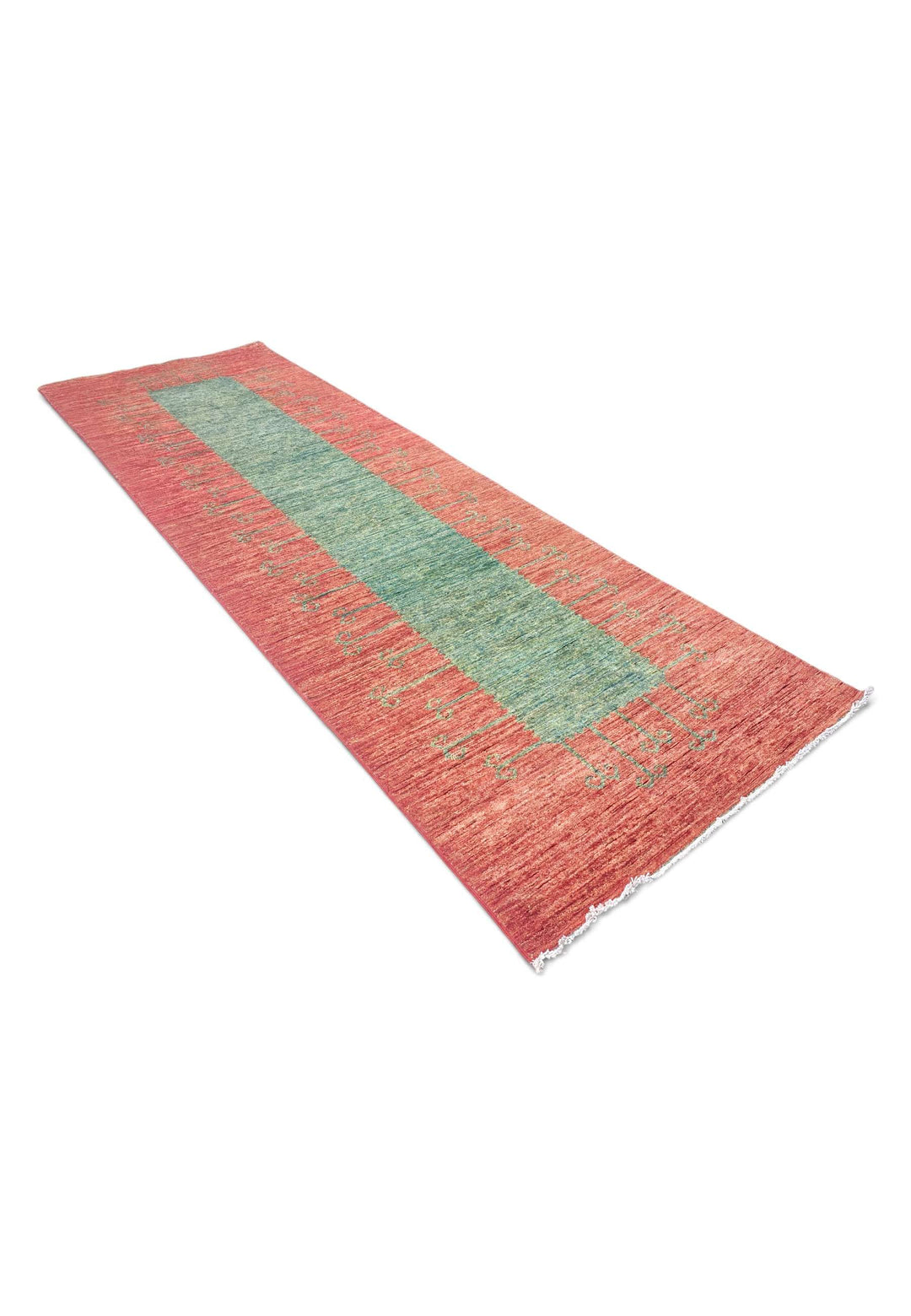 Hand-knotted Ghazni wool pile of terracotta Gabbeh runner, 90×286cm