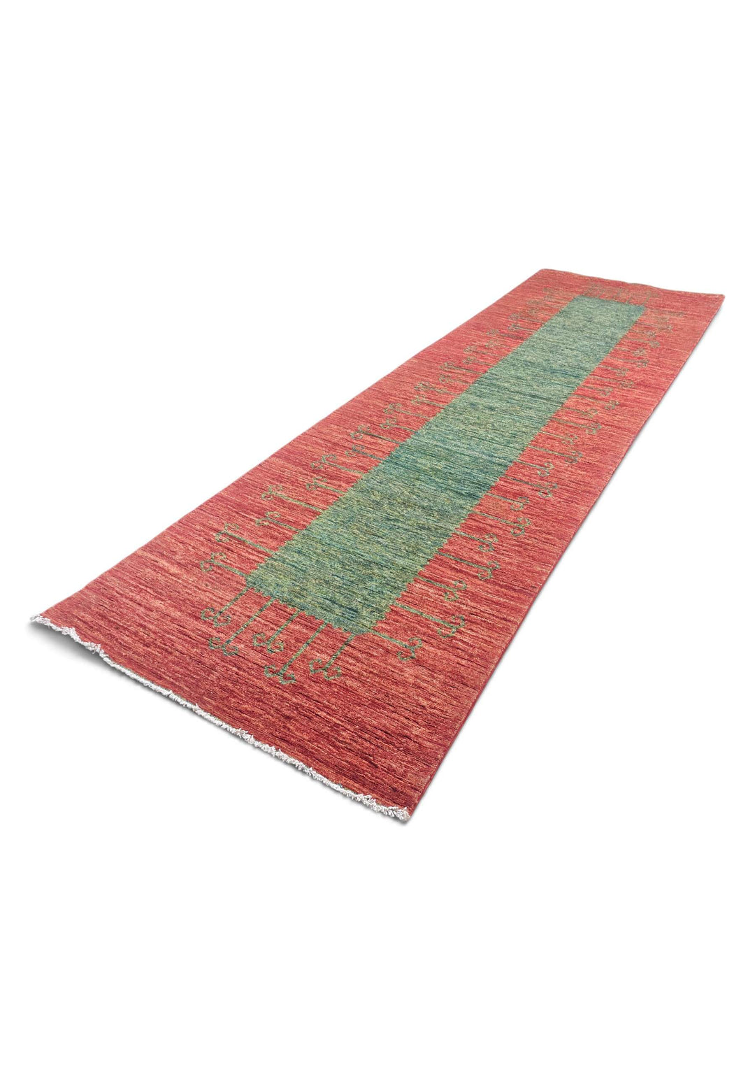 Terracotta green Gabbeh runner 90×286cm, Afghanistan craftsmanship