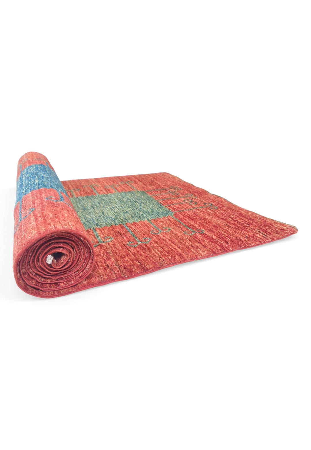 One-of-a-kind terracotta and green panel Gabbeh Afghan runner