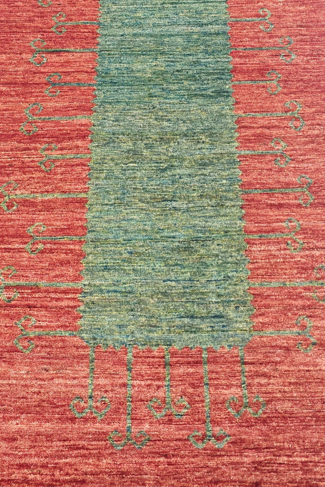 Hand-knotted terracotta Afghan Gabbeh runner with green panels