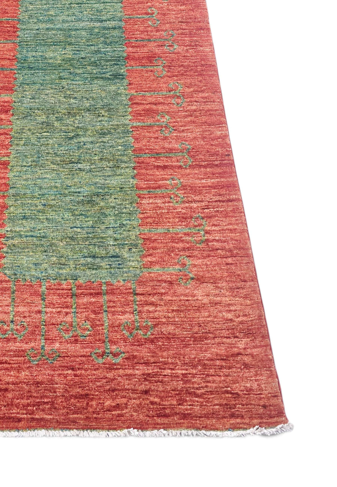 Corner of terracotta and green Gabbeh Afghan hand-knotted runner