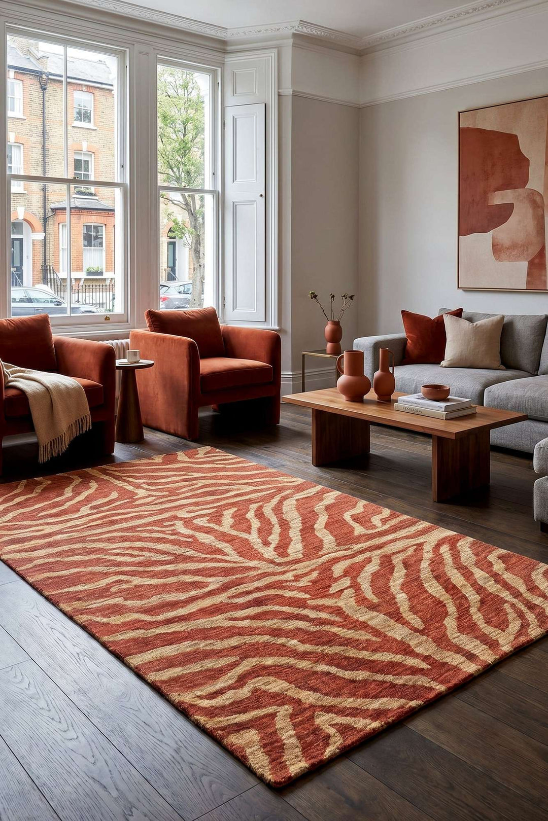 Terracotta field detail on Afghan Gabbeh wool rug