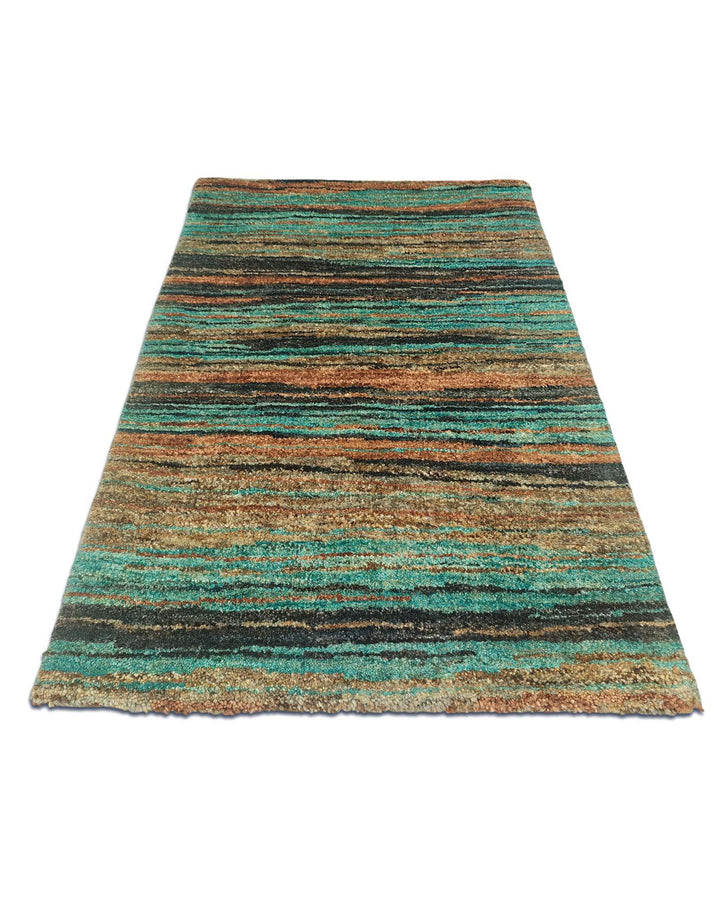 Border detail of turquoise hand-knotted Afghan Gabbeh rug