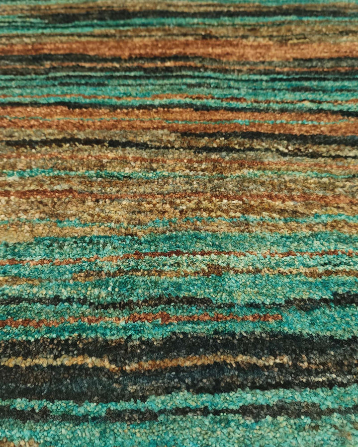 One-of-a-kind turquoise and rust streak Afghan Gabbeh rug