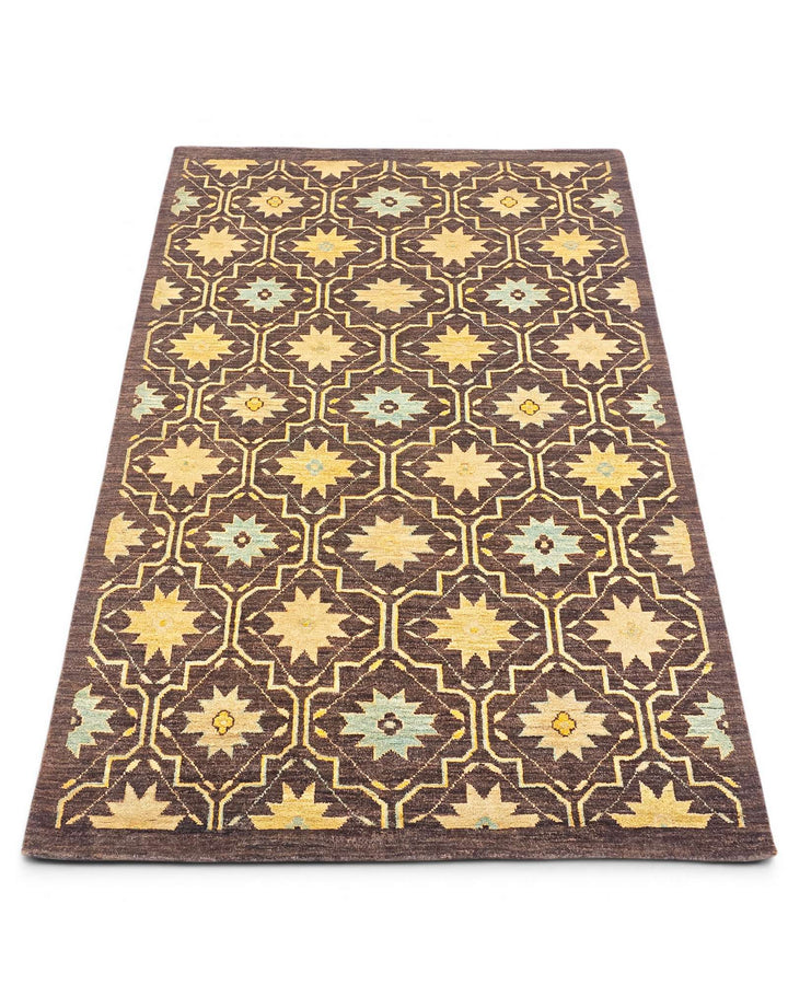 Border detail of walnut brown hand-knotted Afghan Gabbeh rug