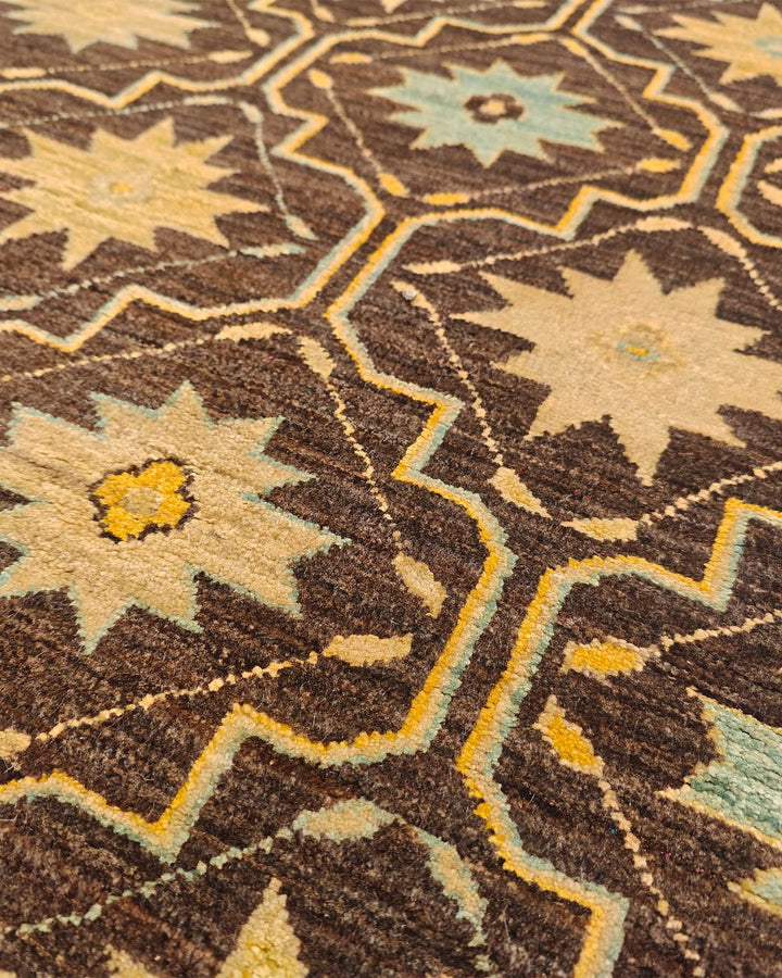 One-of-a-kind walnut brown star Afghan Gabbeh rug