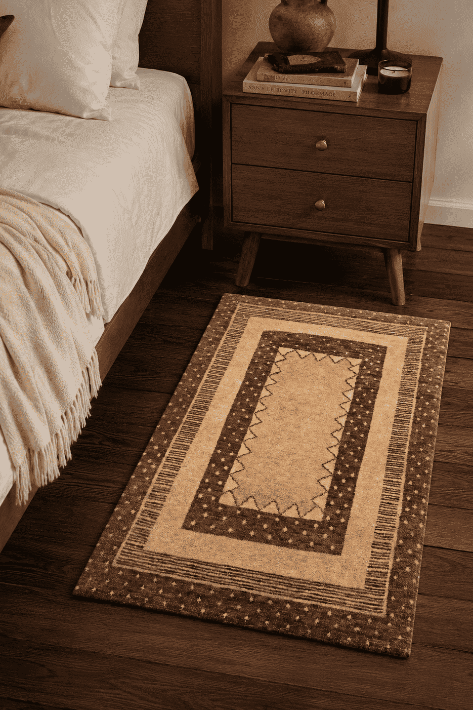 Camel and brown field detail on Afghan Gabbeh wool rug