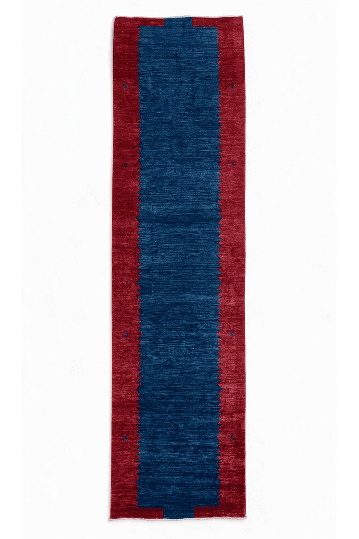 Wine red and royal blue sawtooth Gabbeh runner in Ghazni wool, 90×281cm