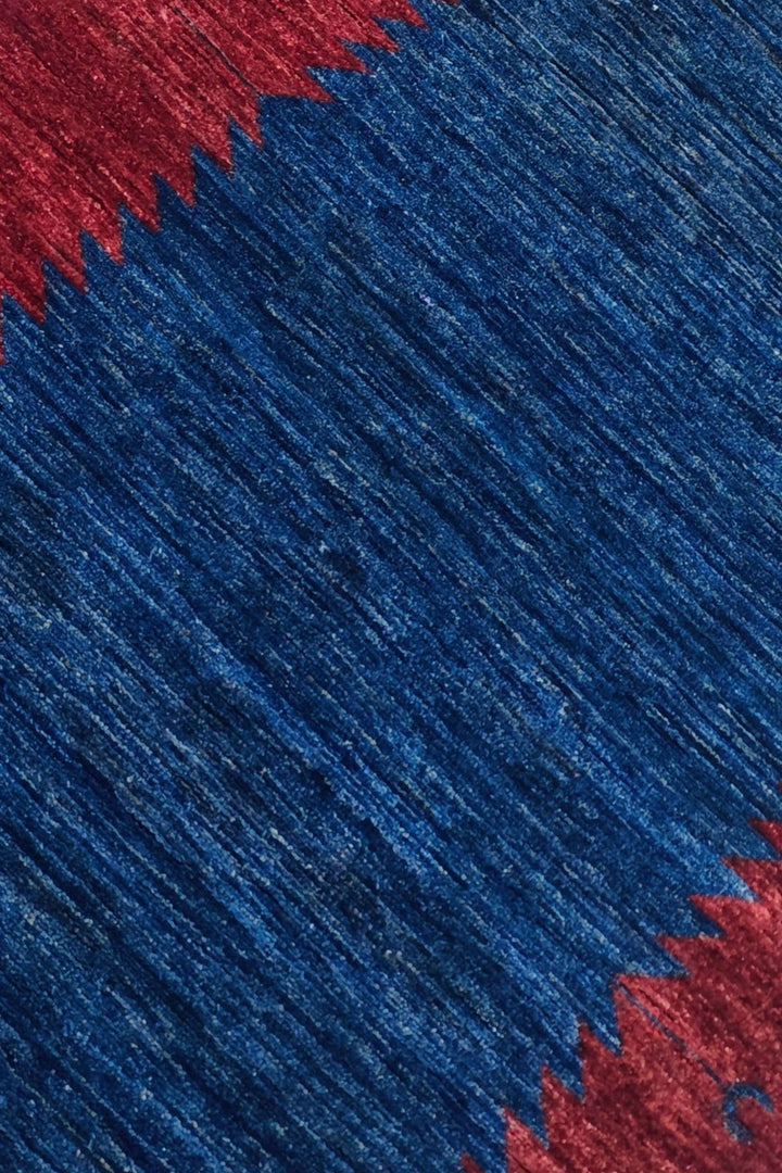 Sawtooth design in wine red and royal blue on Afghan Gabbeh runner