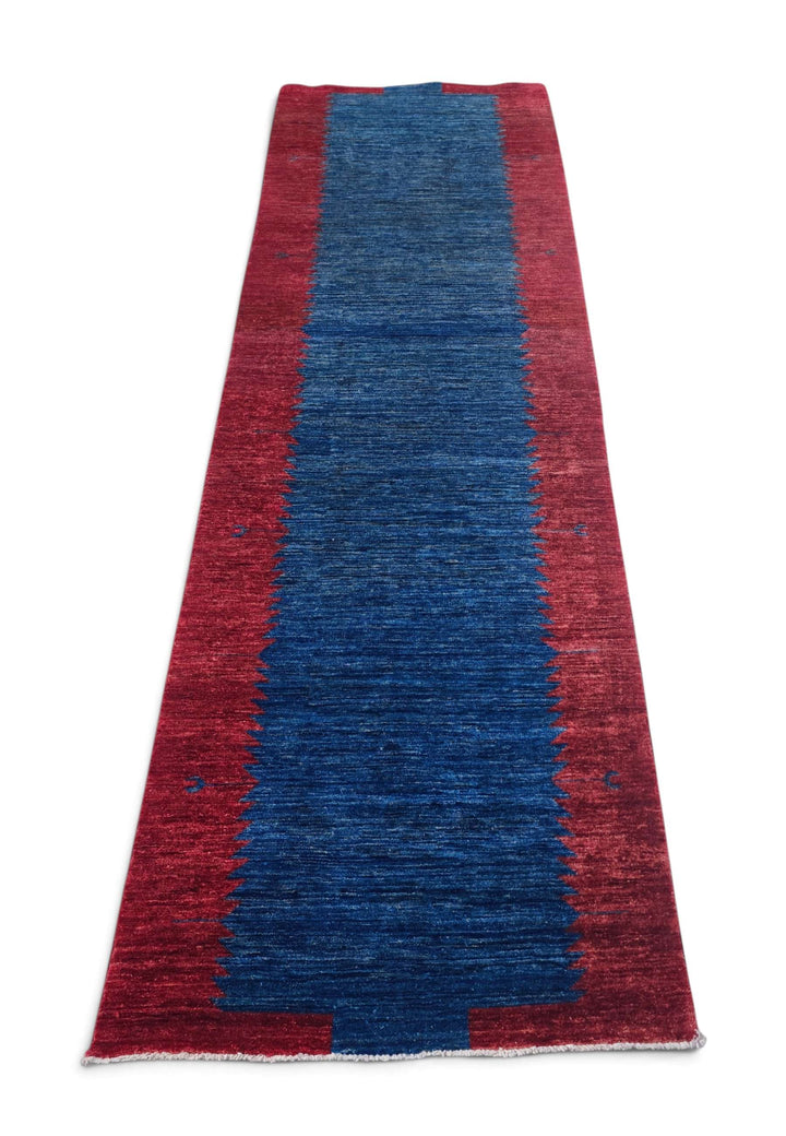 Border detail of wine red hand-knotted Afghan Gabbeh runner