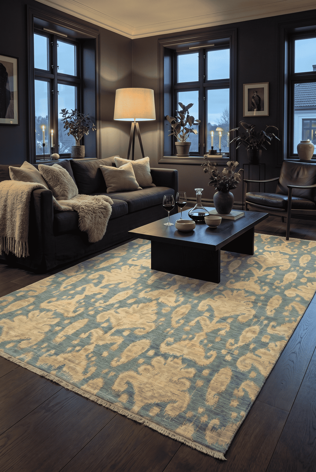 Ikat detail in blue and gold on Afghan Ghazni rug
