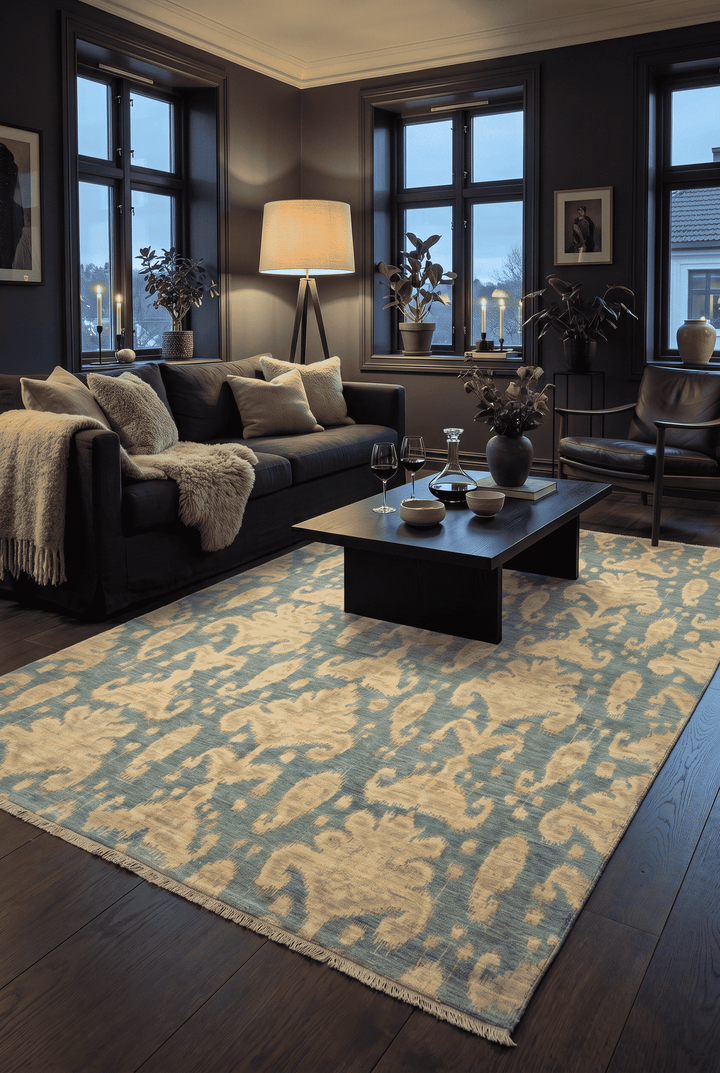 Ikat detail in blue and gold on Afghan Ghazni rug