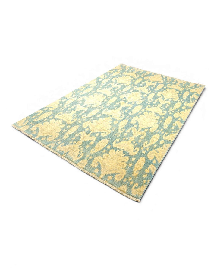 Blue and gold ikat rug, hand-knotted Ghazni wool