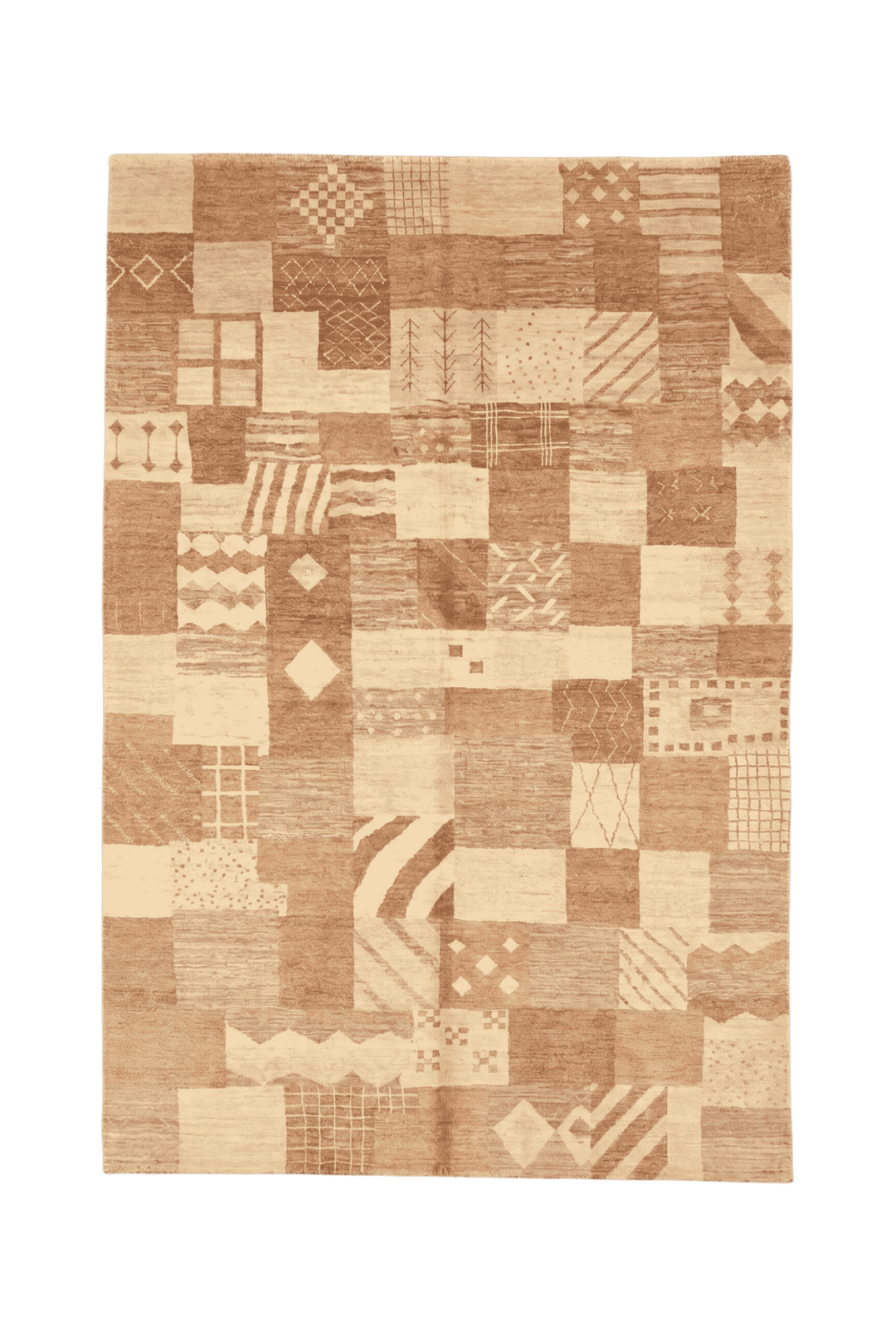 Earth-tone patchwork Ghazni rug, hand-knotted Afghan wool