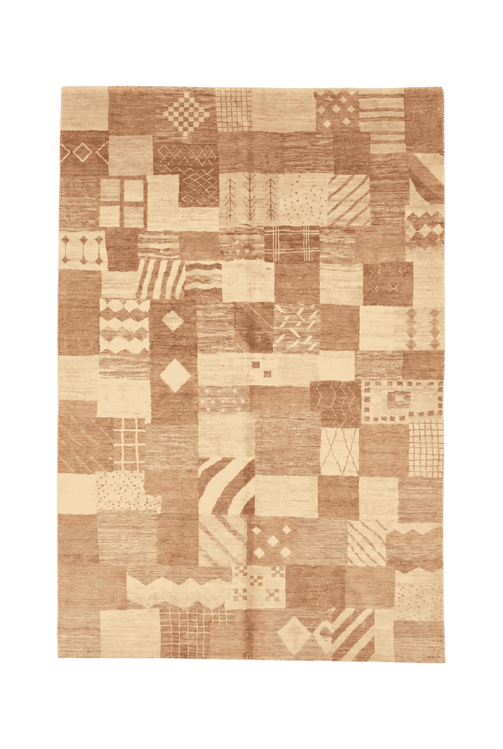 Earth-tone patchwork Ghazni rug, hand-knotted Afghan wool