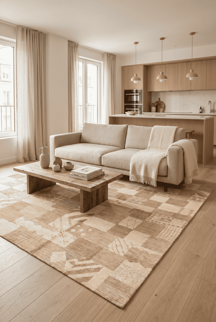 Border detail of earth-tone patchwork Ghazni rug