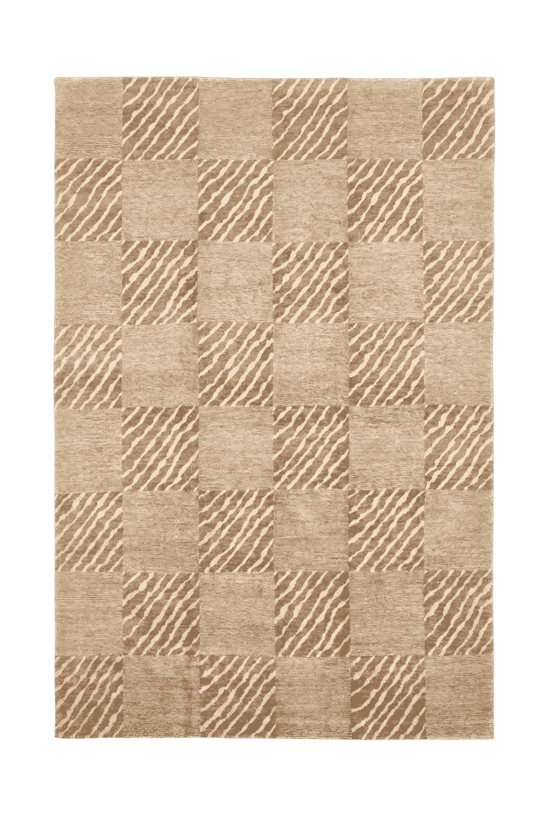 Beige and ivory checkerboard Ghazni rug, hand-knotted Afghan wool