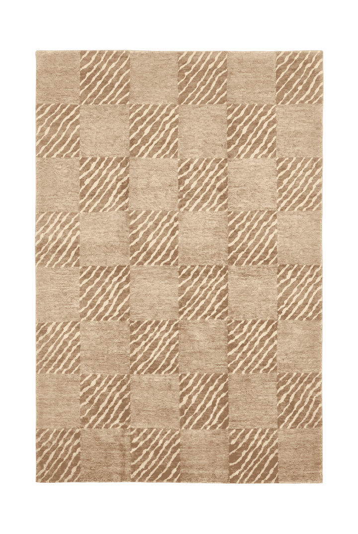 Beige and ivory checkerboard Ghazni rug, hand-knotted Afghan wool
