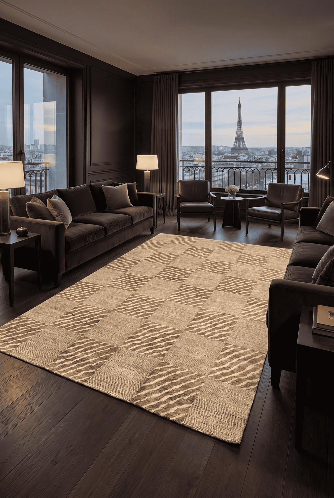 Checkerboard detail in beige and ivory on Ghazni rug