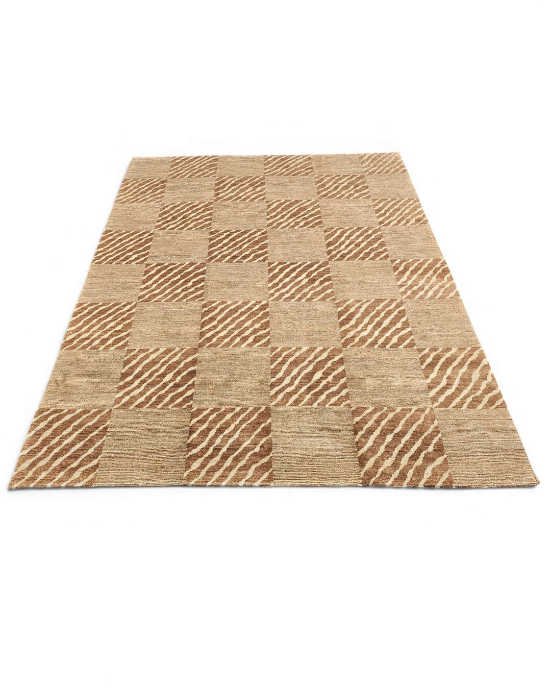 Hand-knotted Ghazni wool pile of beige ivory checkerboard rug