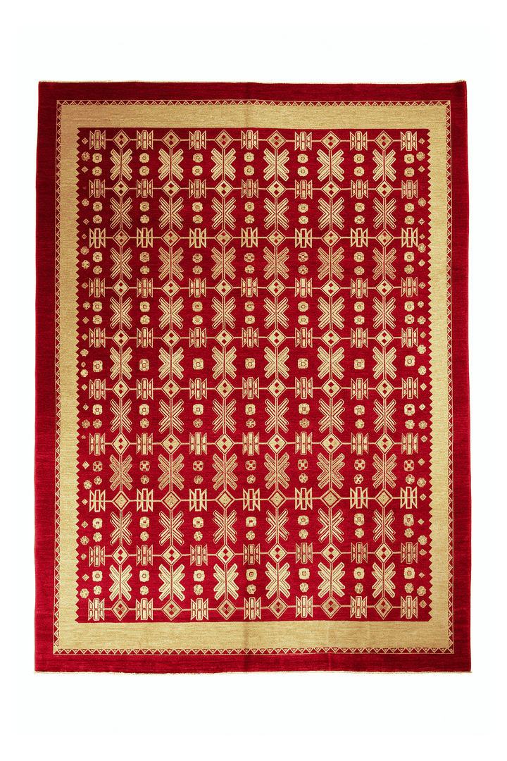 Bright red and wheat gold lattice Ghazni rug, 247×301cm, 4.5 tatami
