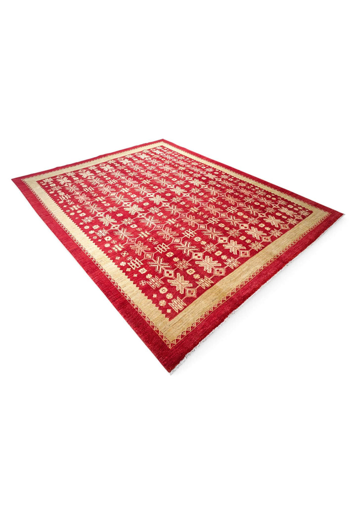 Hand-knotted wool pile of bright red lattice Ghazni rug