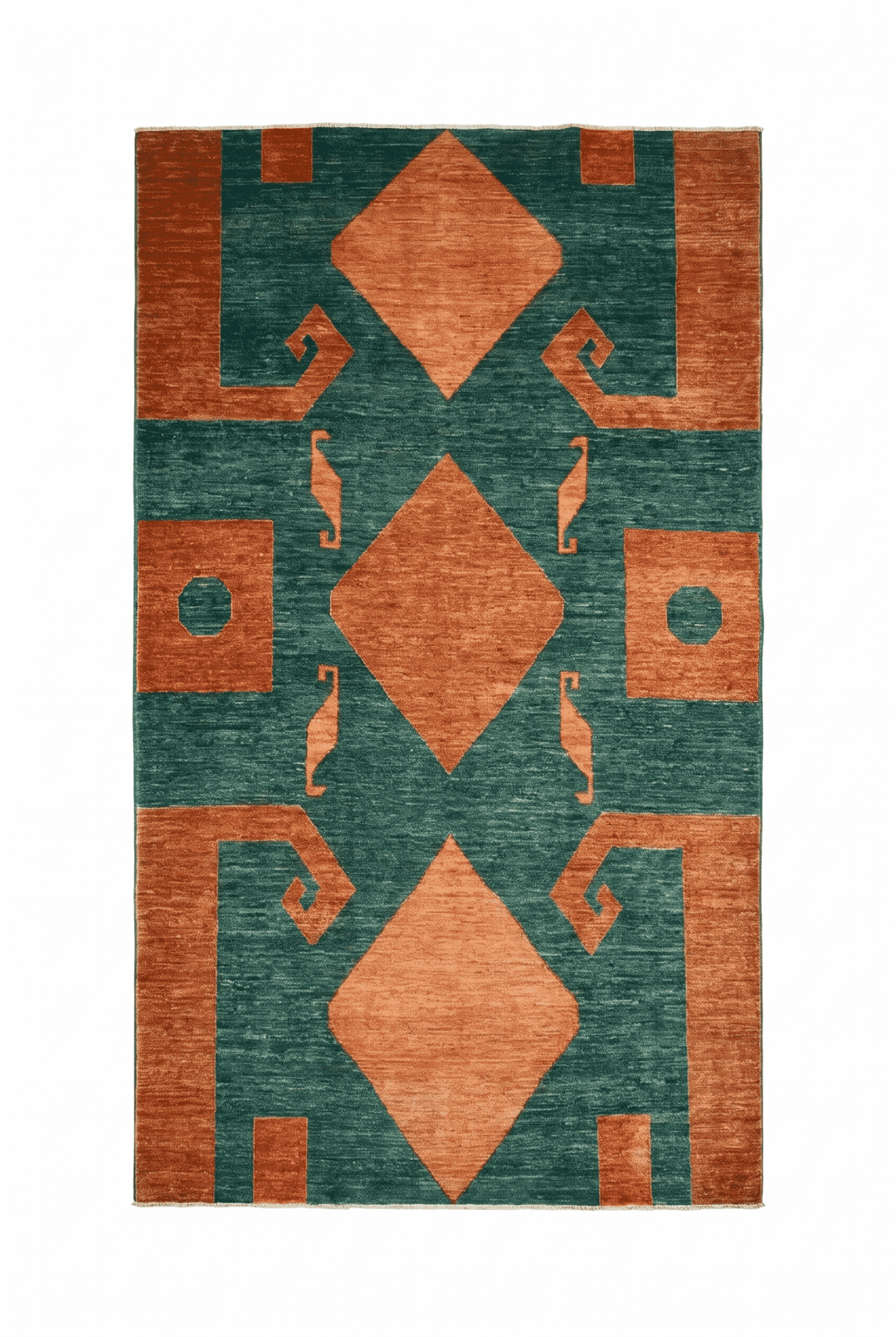 Burnt Orange Afghan Ghazni Rug, geometric design, hand-knotted, 212×278cm