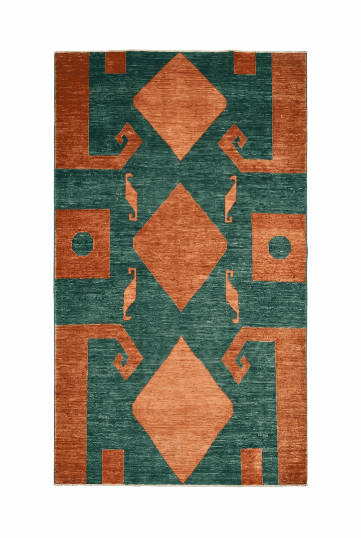 Burnt Orange Afghan Ghazni Rug, geometric design, hand-knotted, 212×278cm