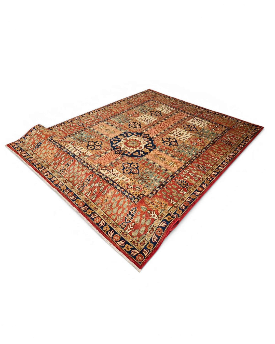 Hand-knotted rust Ghazni rug with Bakhtiari compartments