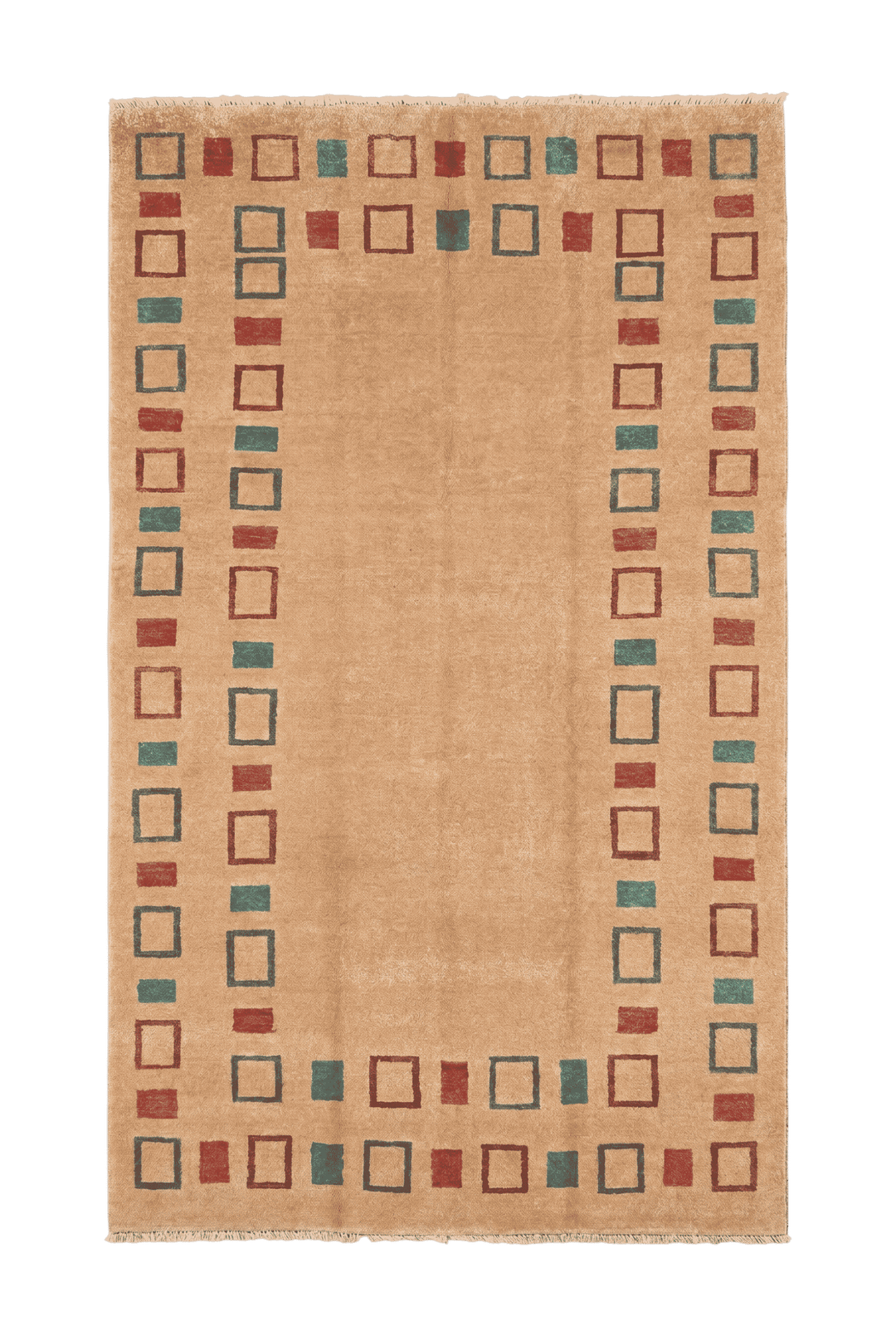 Camel geometric border Ghazni rug, hand-knotted Afghan wool